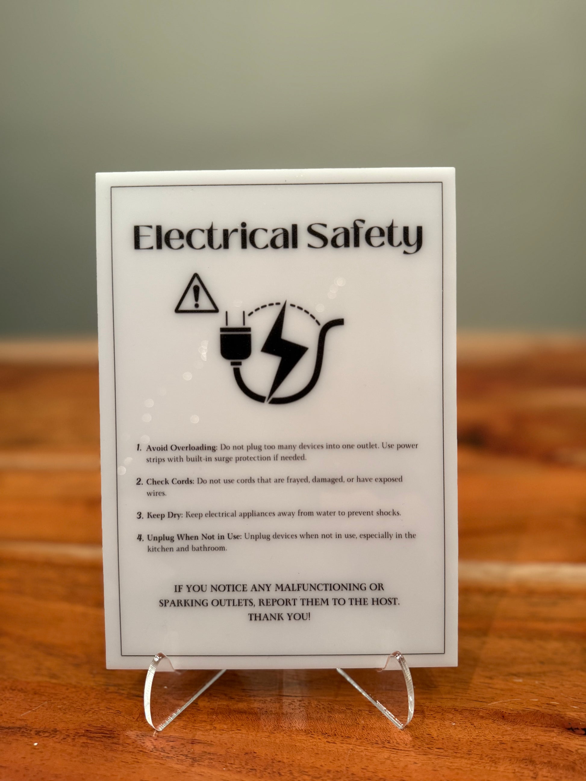 Electrical Safety - Vacation Rental House Rules Signs, 5x7 inch Acrylic Signs (Design 32) - Professional Artwork