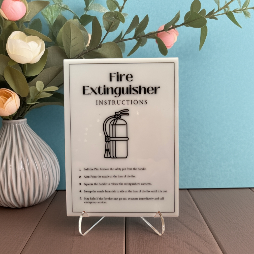Fire Extinguisher Instructions - Vacation Rental House Rules Signs, 5x7 inch Acrylic Signs (Design 33) - Professional Artwork