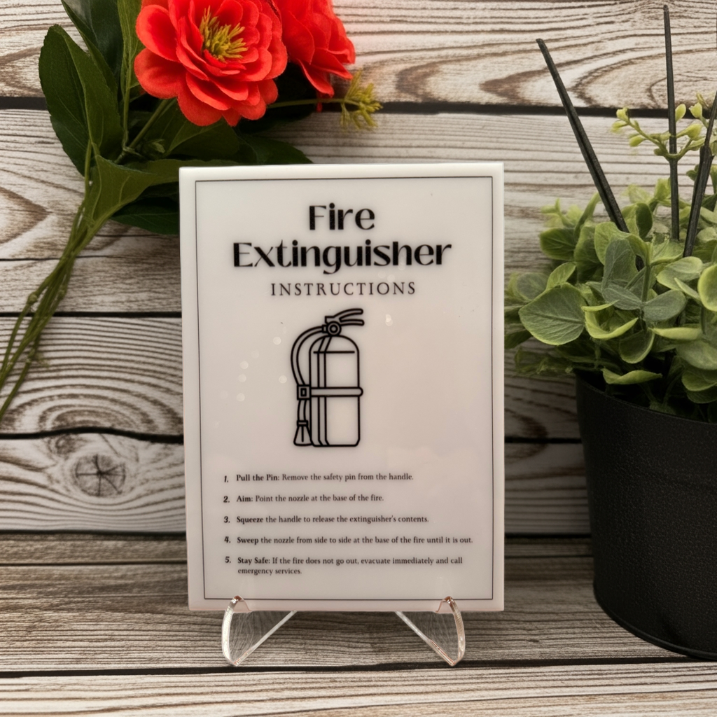 Fire Extinguisher Instructions - Vacation Rental House Rules Signs, 5x7 inch Acrylic Signs (Design 33) - Professional Artwork