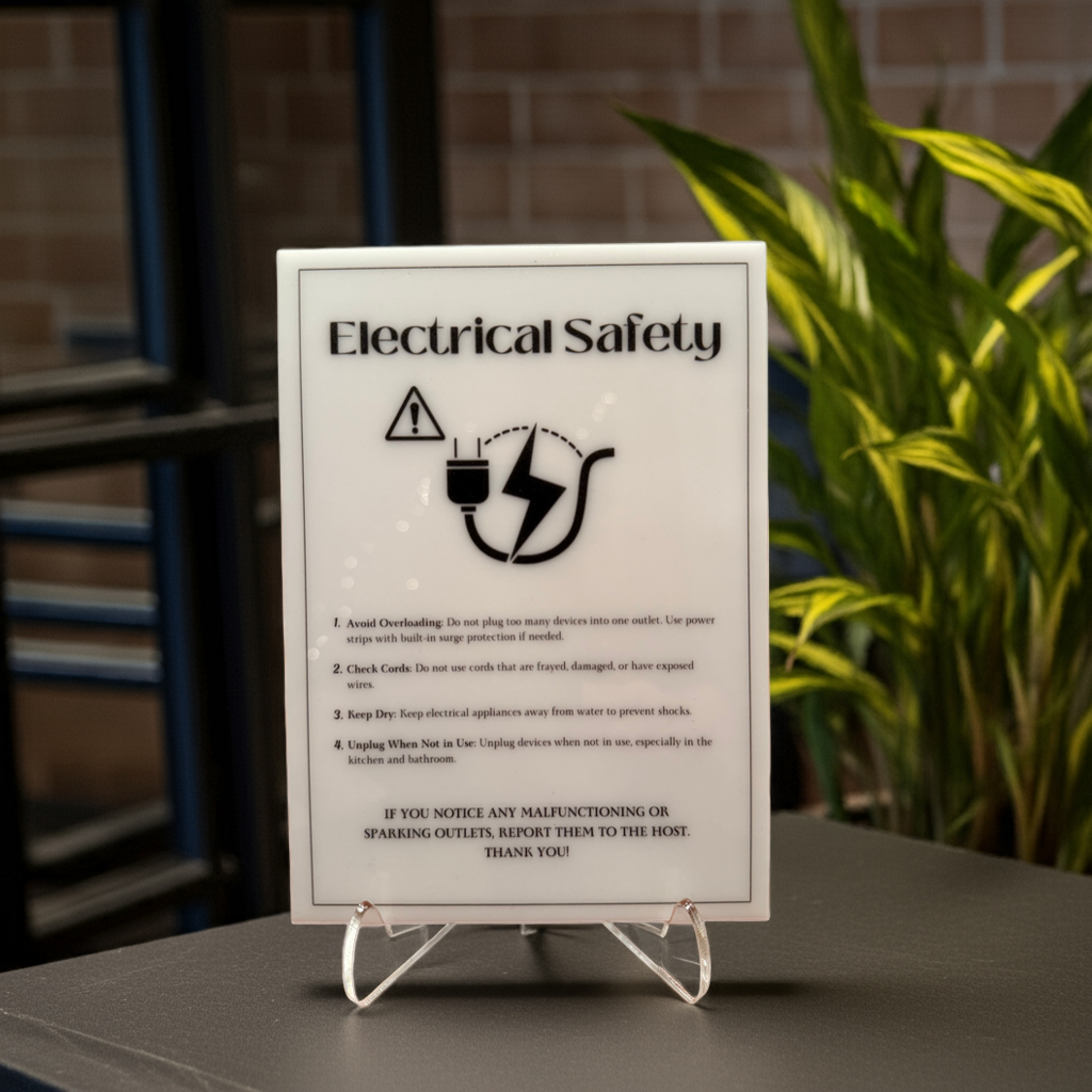 Electrical Safety - Vacation Rental House Rules Signs, 5x7 inch Acrylic Signs (Design 32) - Professional Artwork