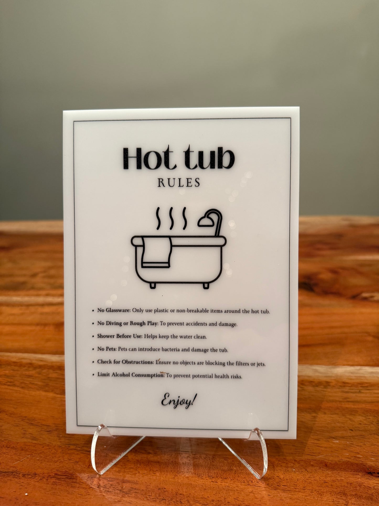Hot Tub Rules - Vacation Rental House Rules Signs, 5x7 inch Acrylic Signs (Design 41) - Professional Artwork