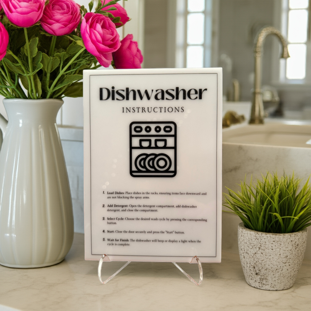 Dishwasher Instructions - Vacation Rental House Rules Signs, 5x7 inch Acrylic Signs (Design 36) - Professional Artwork
