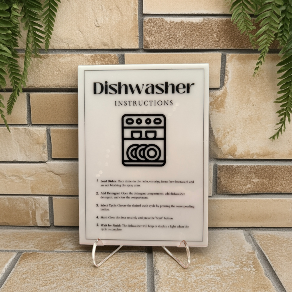 Dishwasher Instructions - Vacation Rental House Rules Signs, 5x7 inch Acrylic Signs (Design 36) - Professional Artwork