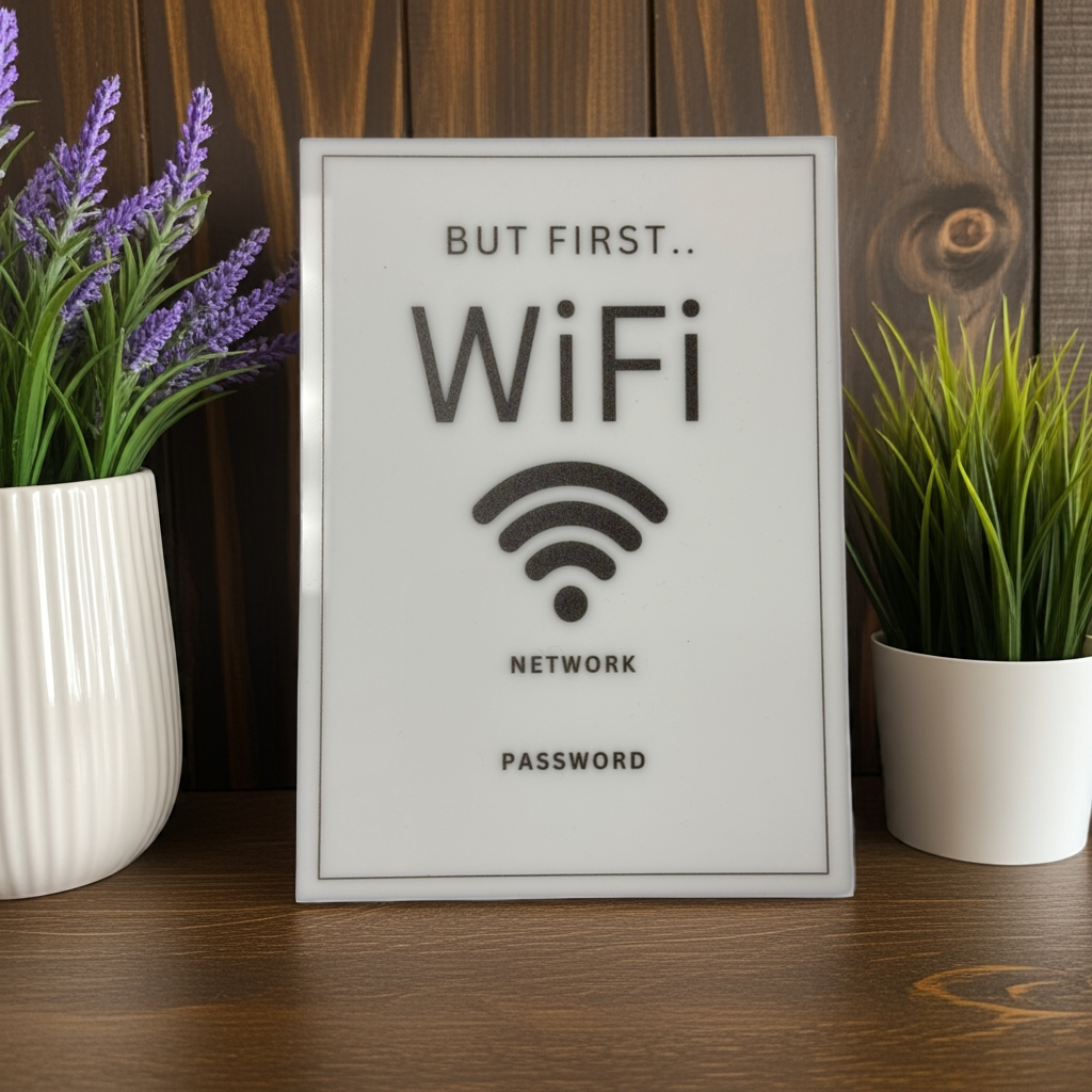 But First WiFi - WiFi Network and Password Sign. Acrylic 5"x7" with Easel and Double Sided Tape. (White - Design 2) - Professional Artwork