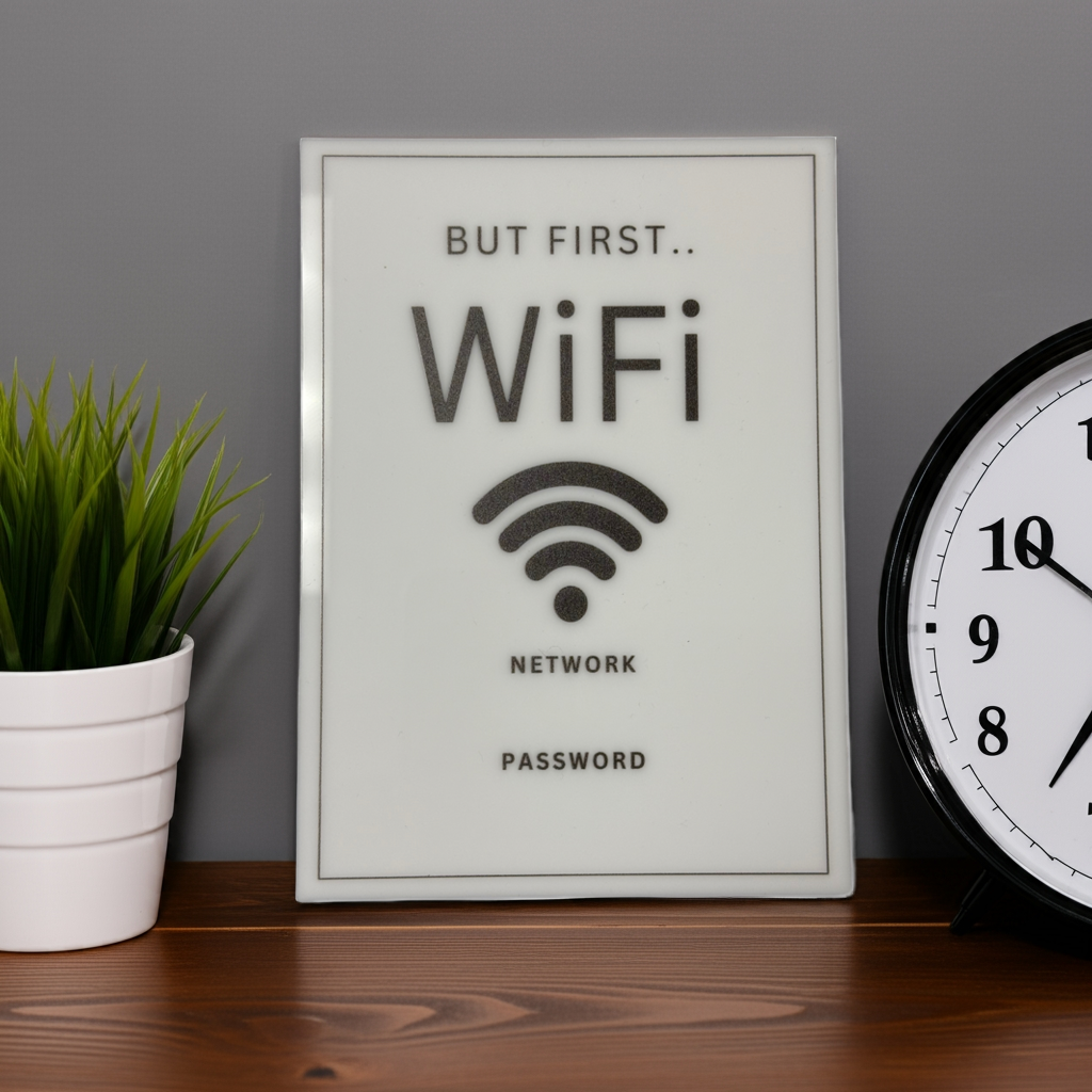 But First WiFi - WiFi Network and Password Sign. Acrylic 5"x7" with Easel and Double Sided Tape. (White - Design 2) - Professional Artwork