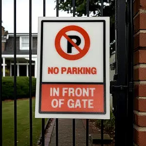No Parking In Front of Gate Signs, 5x7 inch Acrylic Signs, Choose from 20 Warning and Policies, Each Sign Comes With Double Sided Tape for Easy Displaying. (Design 11) - Professional Artwork