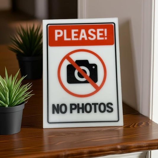 Please No Photos Sign, 5x7 inch Acrylic Signs, Choose from 20 Warning and Policies, Each Sign Comes With Double Sided Tape for Easy Displaying. (Design 16) - Professional Artwork