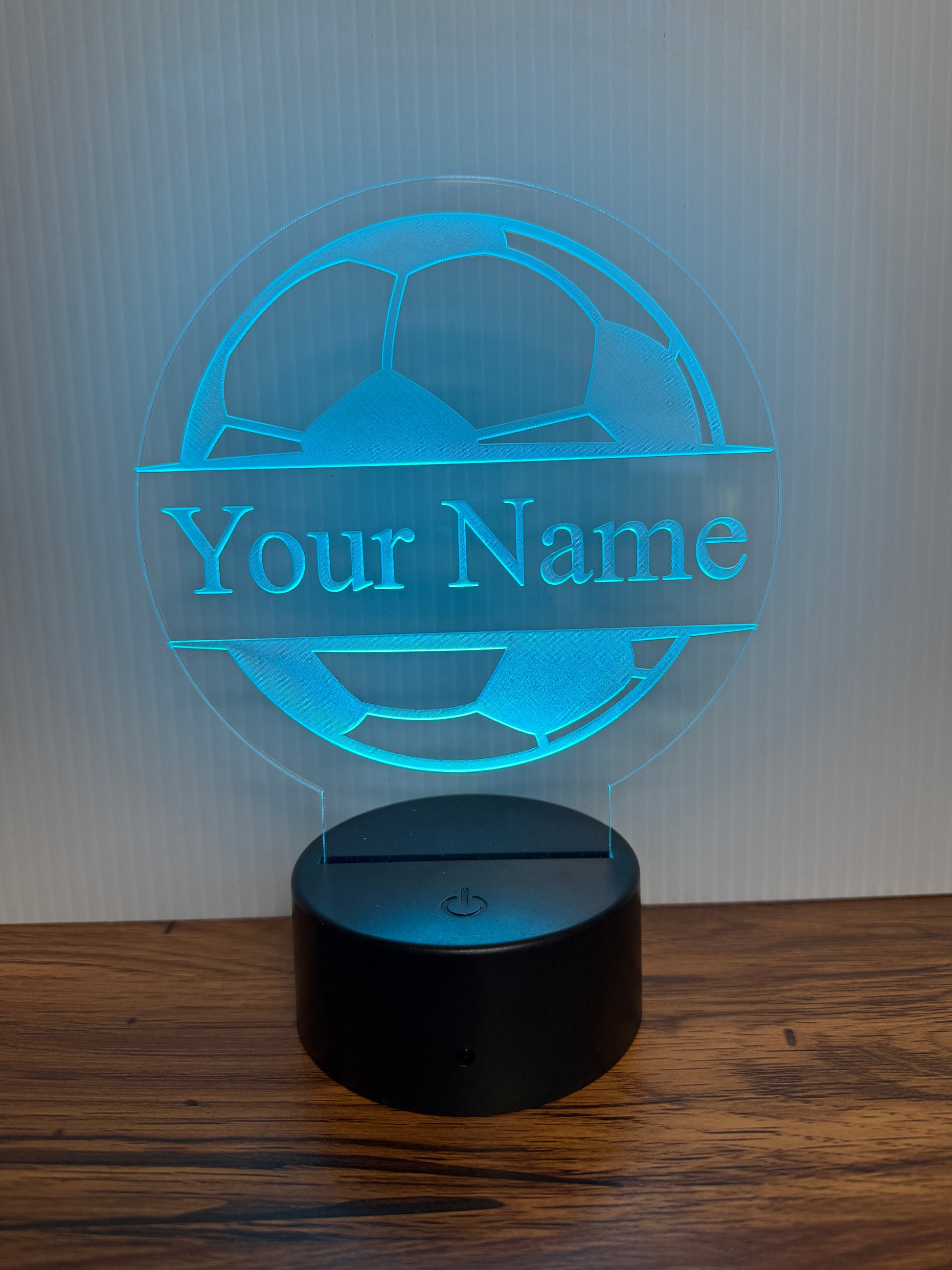 Custom Soccer LED 6"x6” Round Acrylic Table Sign. Wireless Remote Included. - Professional Artwork