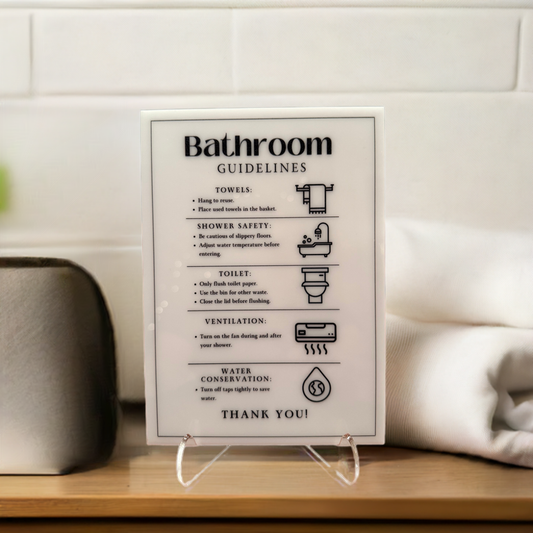 Bathroom Guidelines - Vacation Rental House Rules Signs, 5x7 inch Acrylic Signs (Design 17) - Professional Artwork