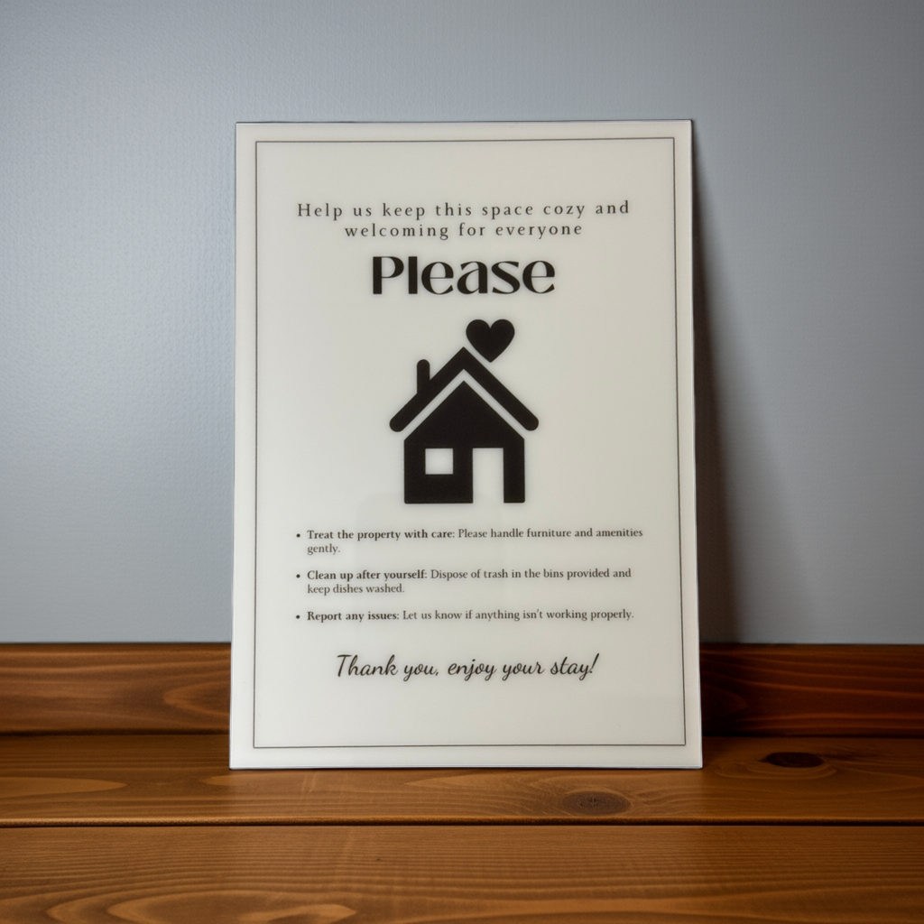 Help us keep this space cozy - Vacation Rental House Rules Signs, 5x7 inch Acrylic Signs (Design 42) - Professional Artwork