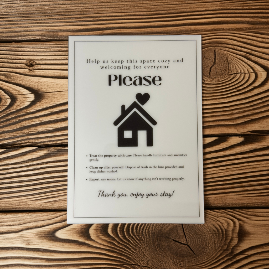 Help us keep this space cozy - Vacation Rental House Rules Signs, 5x7 inch Acrylic Signs (Design 42) - Professional Artwork