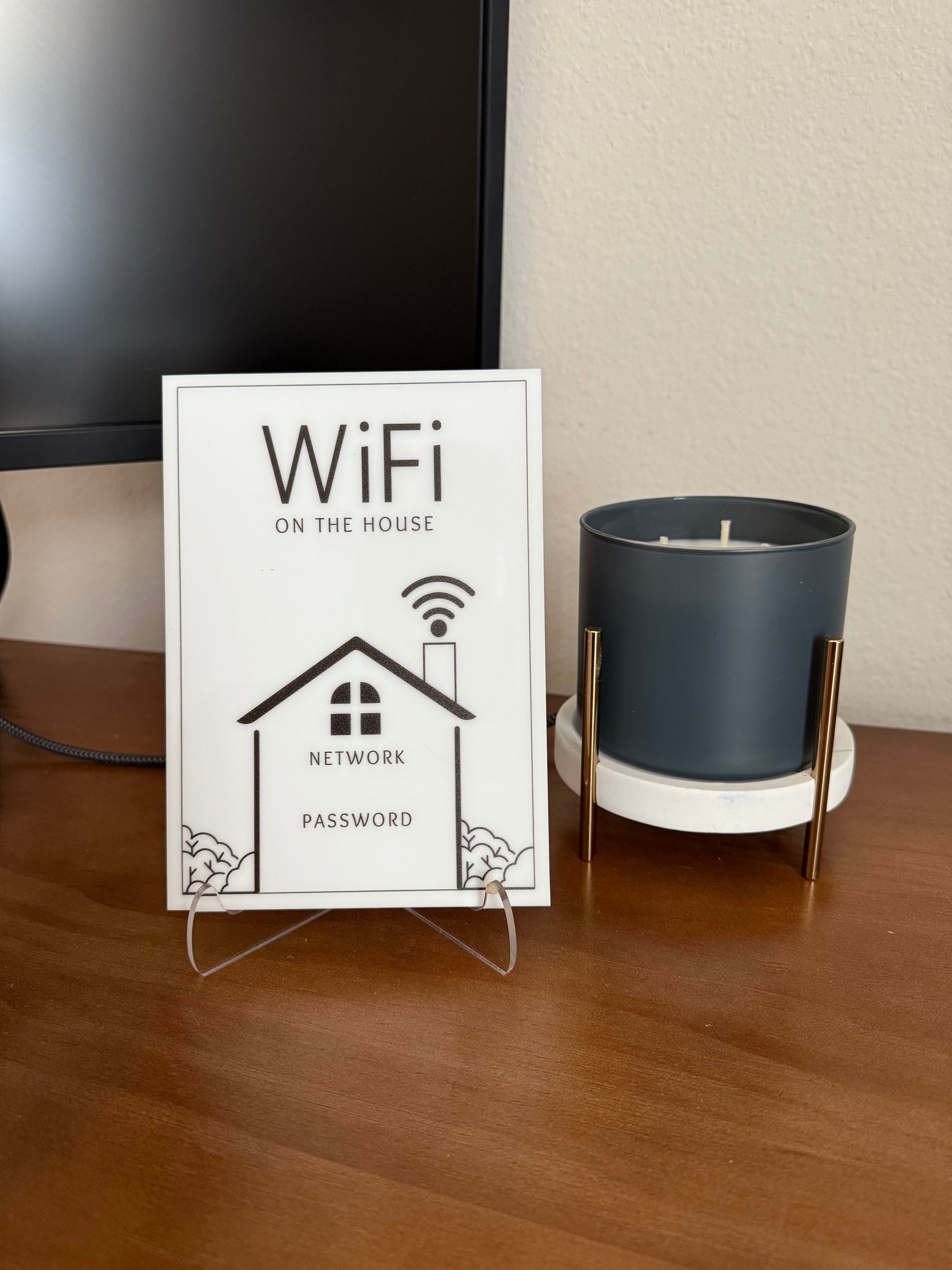Wifi on The House - WiFi Network and Password Sign. Acrylic 5"x7" with Easel and Double Sided Tape. (White - Design 3) - Professional Artwork