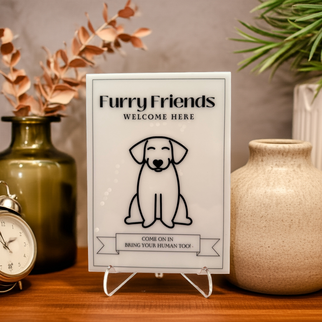 Furry Friends Welcome Here - Vacation Rental House Rules Signs, 5x7 inch Acrylic Signs (Design 22) - Professional Artwork