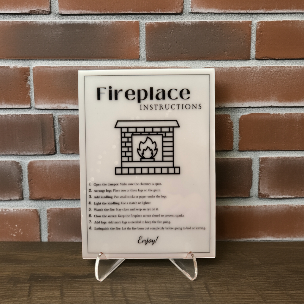 Fireplace Instructions - Vacation Rental House Rules Signs, 5x7 inch Acrylic Signs (Design 34) - Professional Artwork