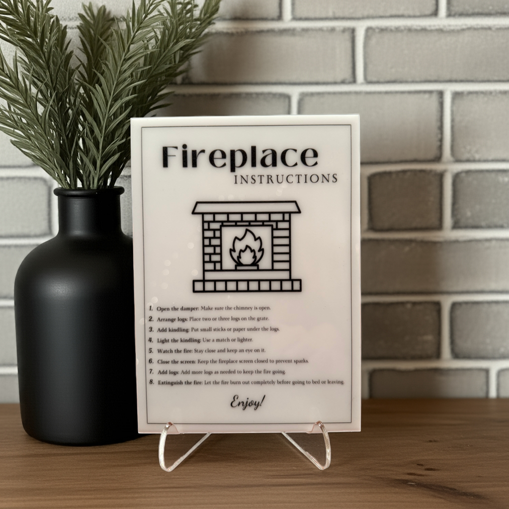 Fireplace Instructions - Vacation Rental House Rules Signs, 5x7 inch Acrylic Signs (Design 34) - Professional Artwork