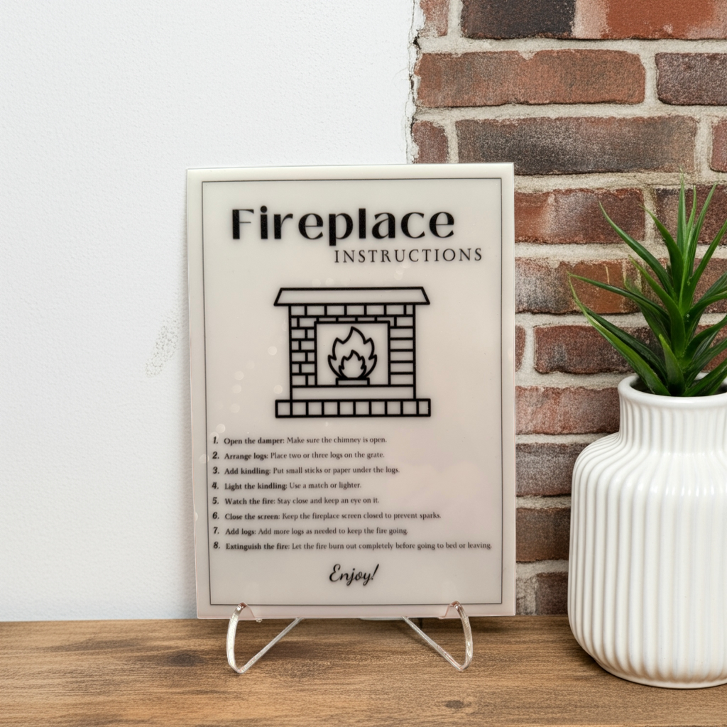 Fireplace Instructions - Vacation Rental House Rules Signs, 5x7 inch Acrylic Signs (Design 34) - Professional Artwork