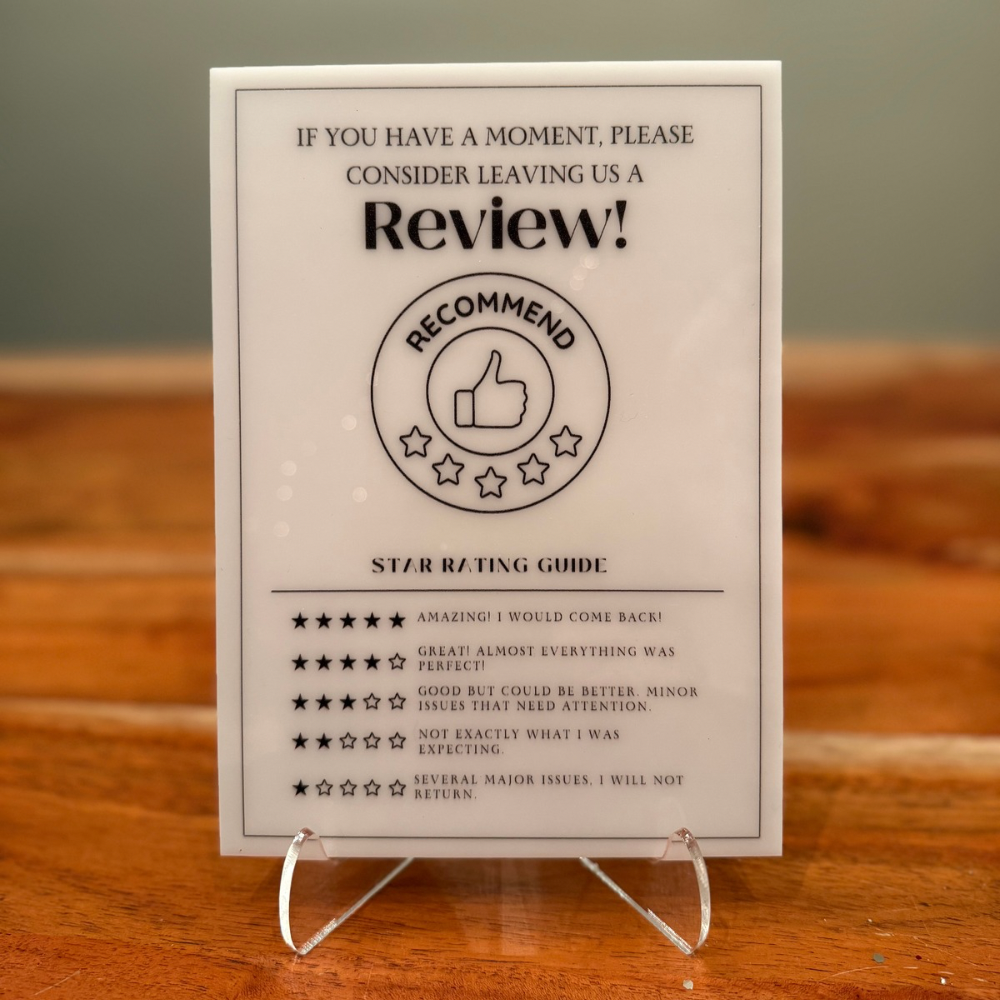Consider Leaving Us a Review - Vacation Rental House Rules Signs, 5x7 inch Acrylic Signs (Design 27) - Professional Artwork