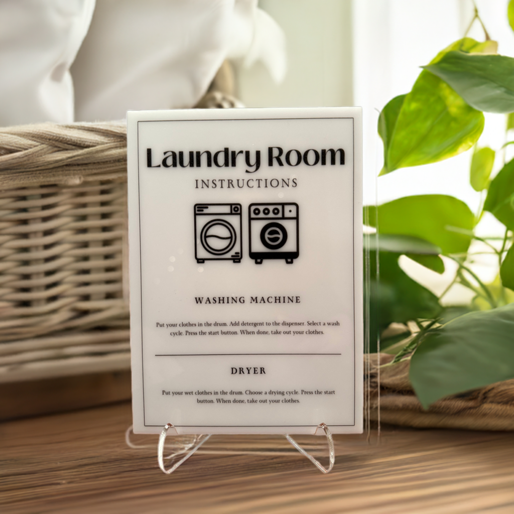 Laundry Room Instructions - Vacation Rental House Rules Signs, 5x7 inch Acrylic Signs (Design 12) - Professional Artwork