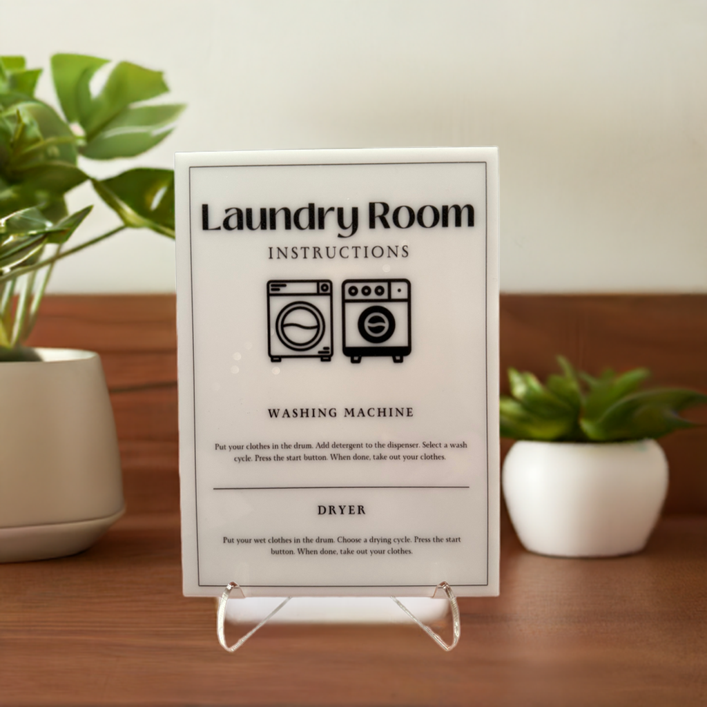 Laundry Room Instructions - Vacation Rental House Rules Signs, 5x7 inch Acrylic Signs (Design 12) - Professional Artwork
