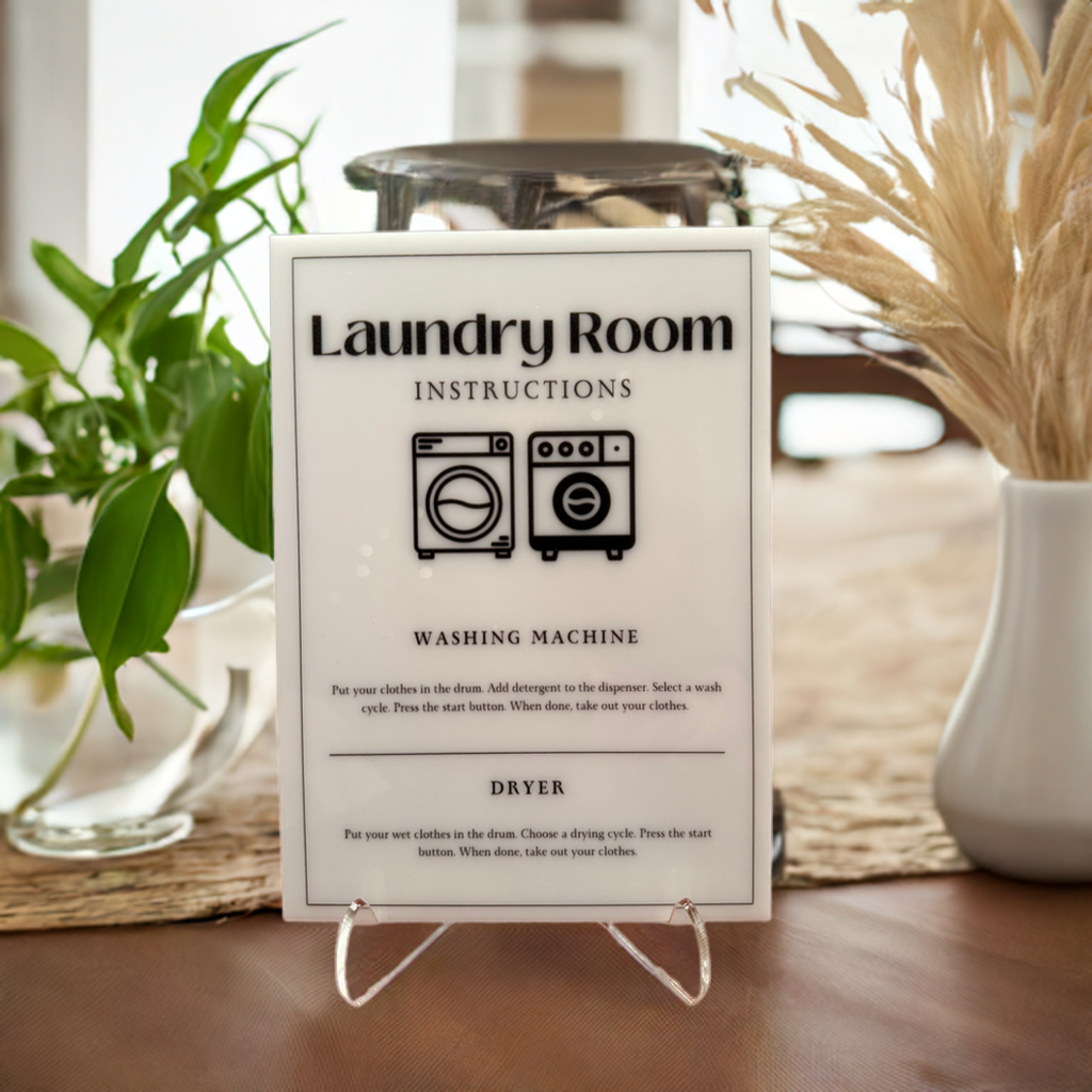 Laundry Room Instructions - Vacation Rental House Rules Signs, 5x7 inch Acrylic Signs (Design 12) - Professional Artwork