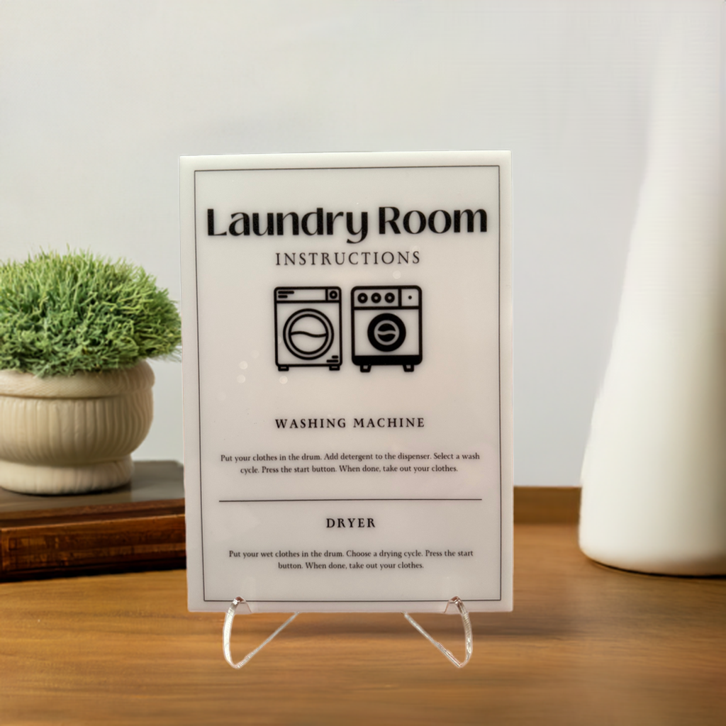 Laundry Room Instructions - Vacation Rental House Rules Signs, 5x7 inch Acrylic Signs (Design 12) - Professional Artwork