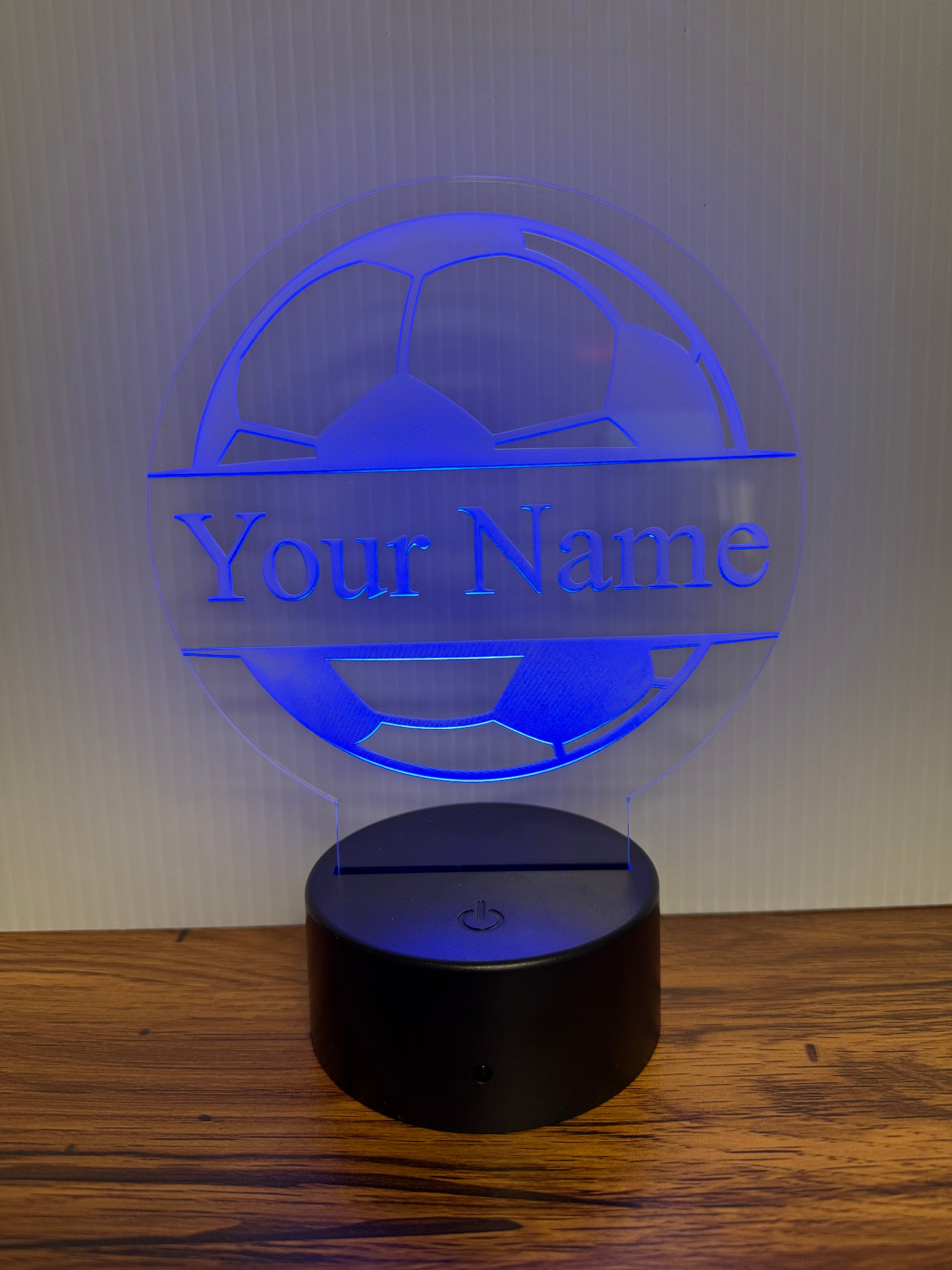 Custom Soccer LED 6"x6” Round Acrylic Table Sign. Wireless Remote Included. - Professional Artwork