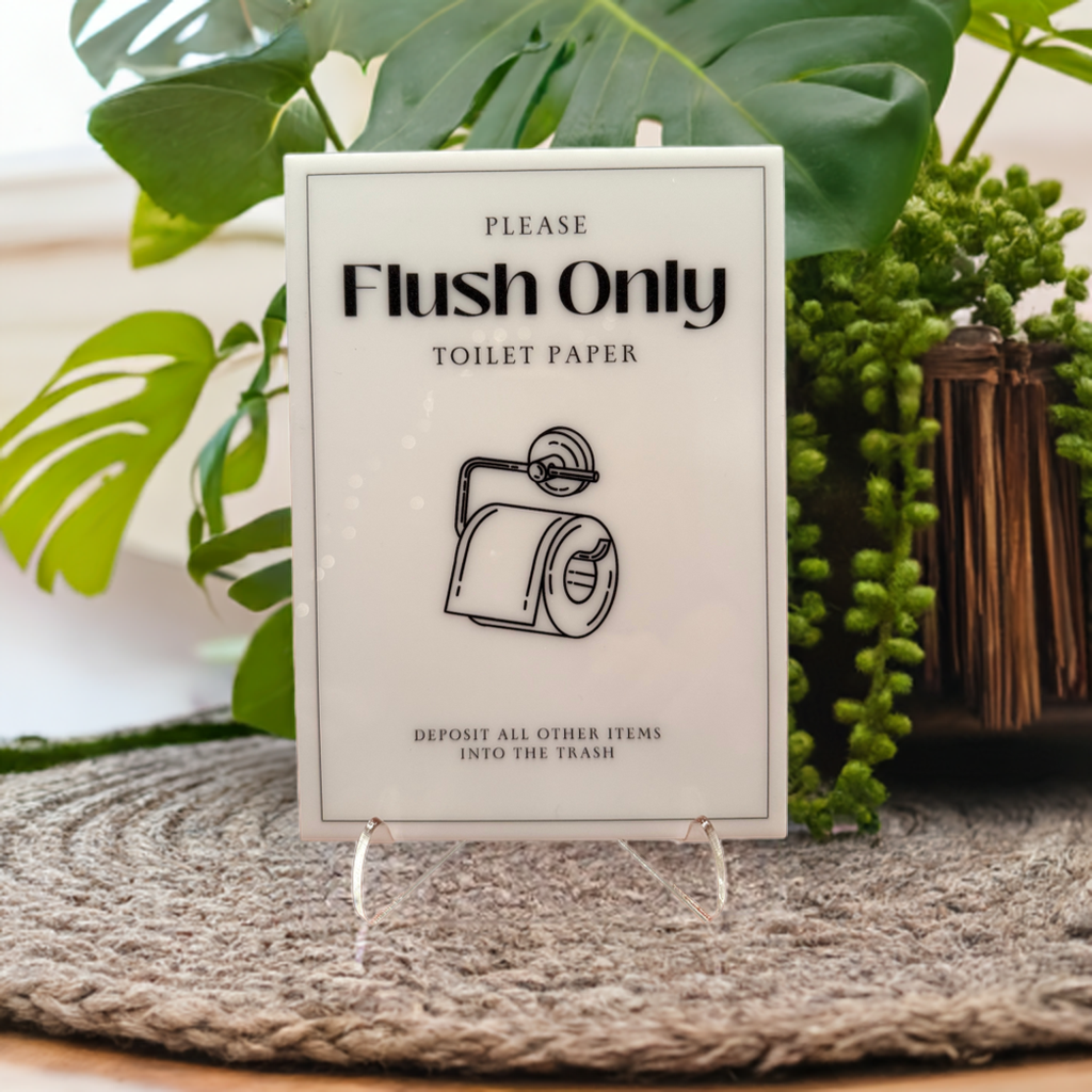 Flush Only Toilet Paper - Vacation Rental House Rules Signs, 5x7 inch Acrylic Signs (Design 6) - Professional Artwork