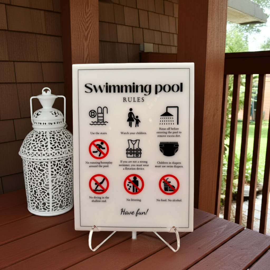 Swimming Pool Rules - Vacation Rental House Rules Signs, 5x7 inch Acrylic Signs (Design 30) - Professional Artwork