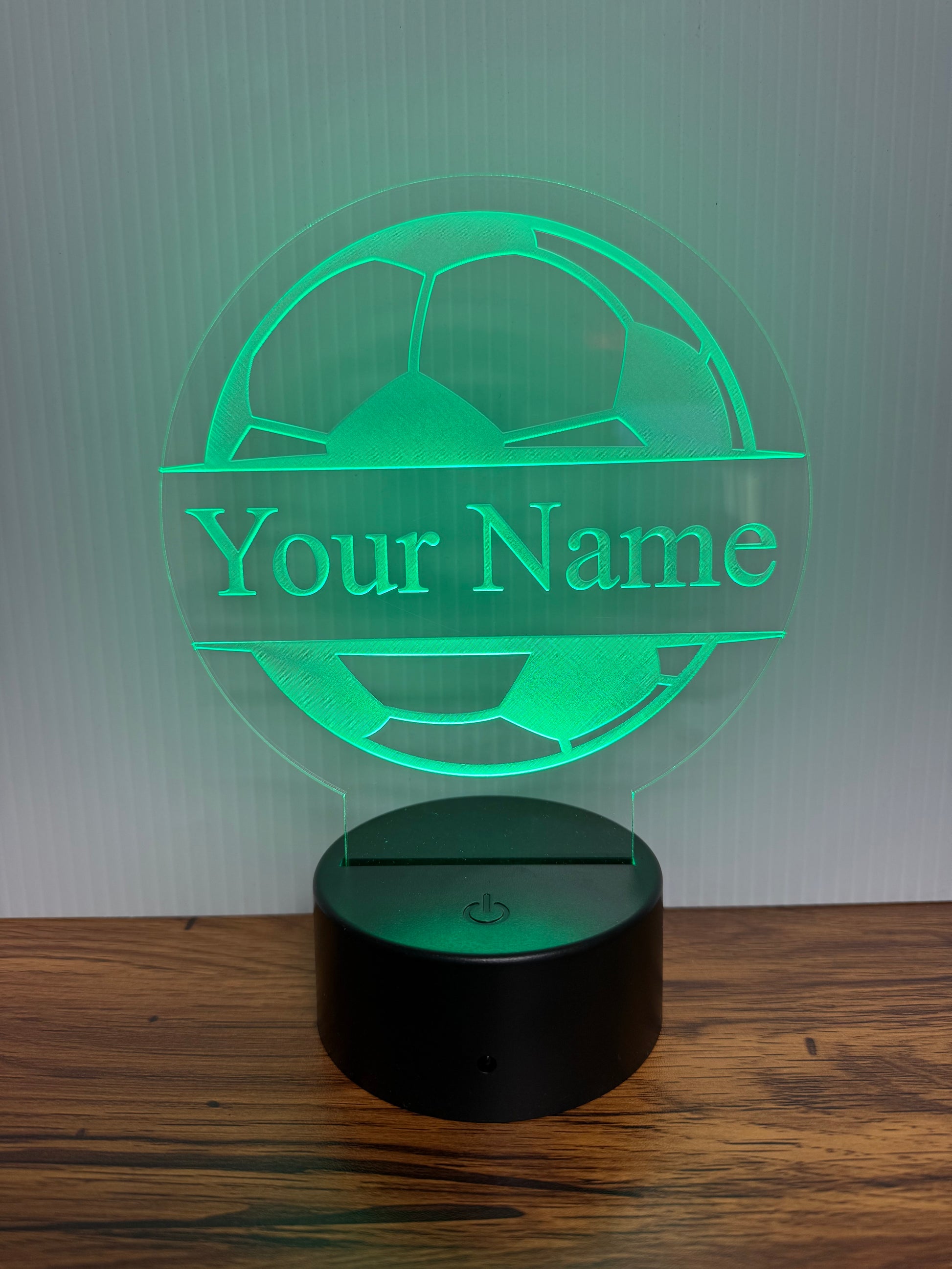 Custom Soccer LED 6"x6” Round Acrylic Table Sign. Wireless Remote Included. - Professional Artwork