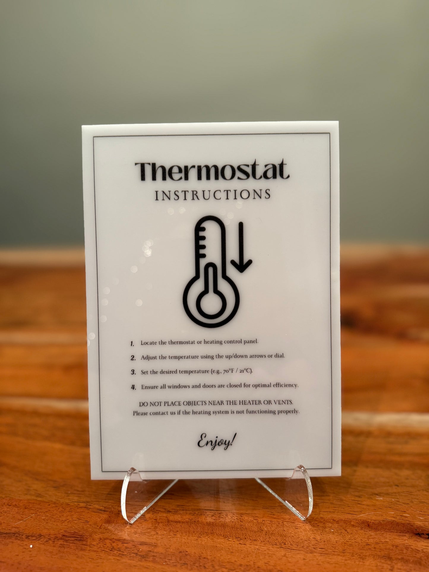 Thermostat Instructions - Vacation Rental House Rules Signs, 5x7 inch Acrylic Signs (Design 37) - Professional Artwork