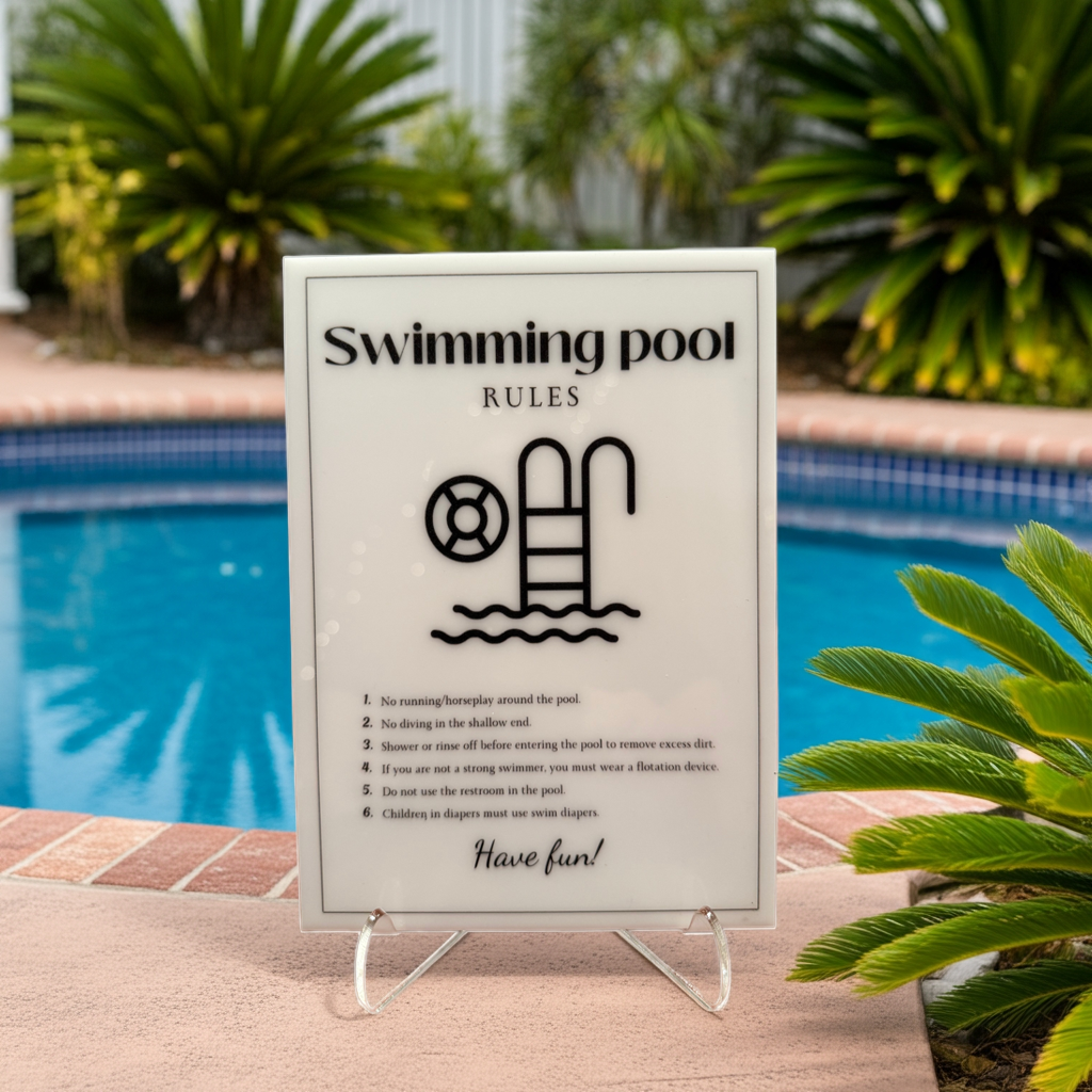 Swimming Pool Rules - Vacation Rental House Rules Signs, 5x7 inch Acrylic Signs (Design 29) - Professional Artwork