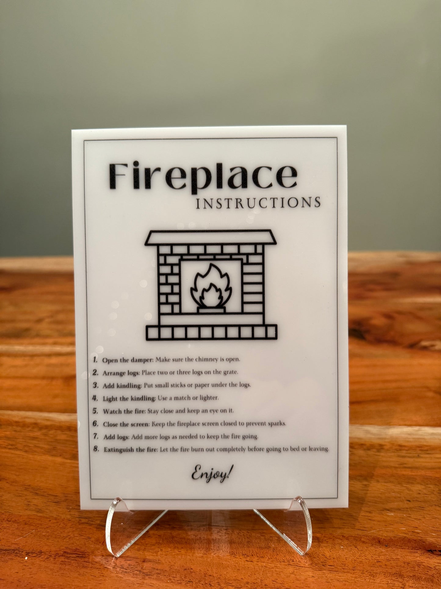Fireplace Instructions - Vacation Rental House Rules Signs, 5x7 inch Acrylic Signs (Design 34) - Professional Artwork