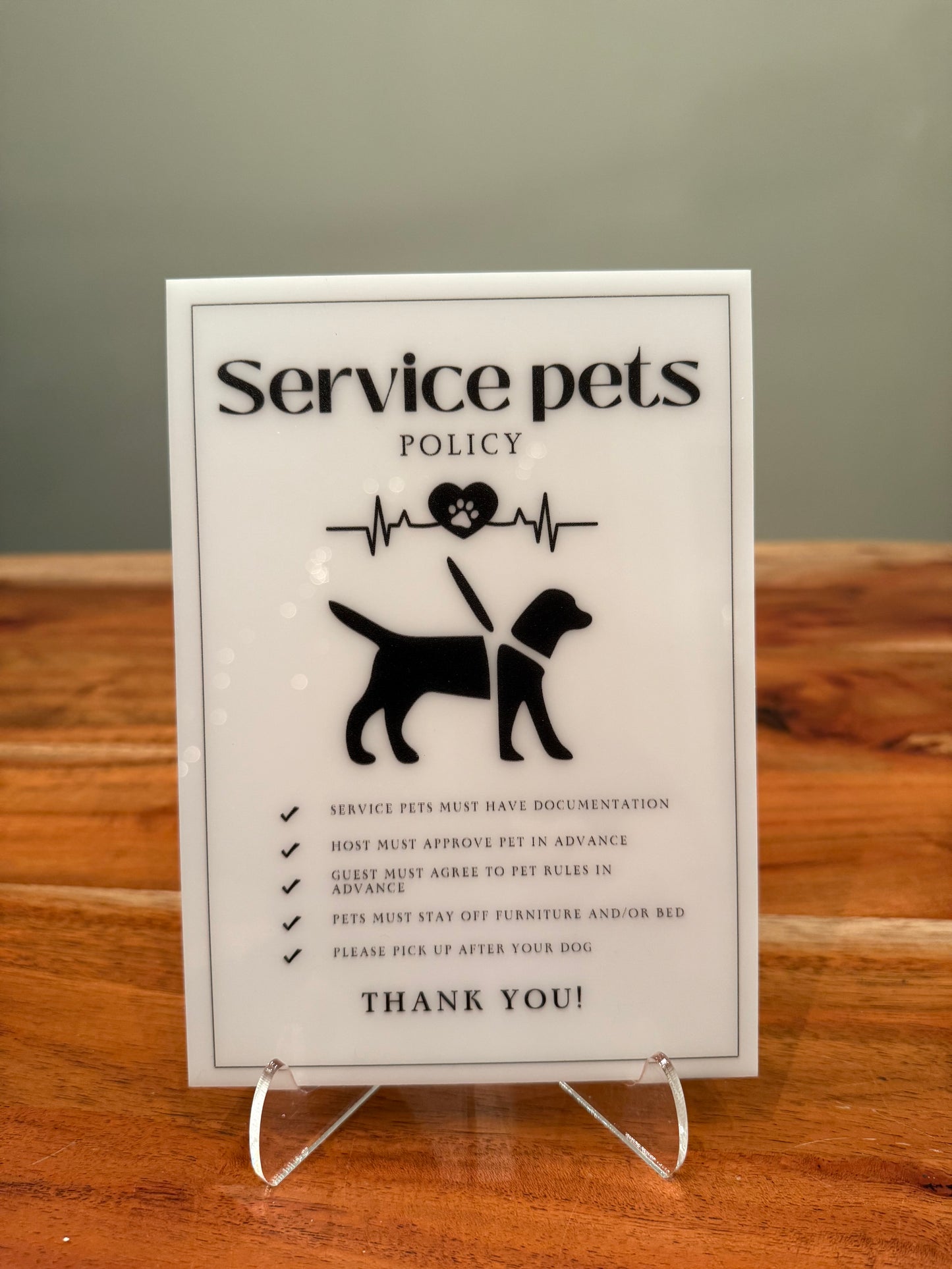 Service Pets Policy - Vacation Rental House Rules Signs, 5x7 inch Acrylic Signs (Design 19) - Professional Artwork