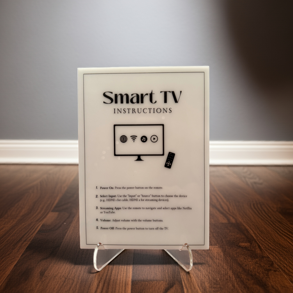 Smart TV Instructions - Vacation Rental House Rules Signs, 5x7 inch Acrylic Signs (Design 40) - Professional Artwork