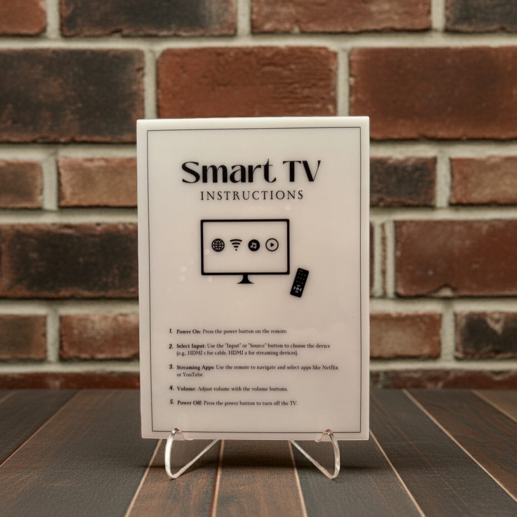Smart TV Instructions - Vacation Rental House Rules Signs, 5x7 inch Acrylic Signs (Design 40) - Professional Artwork