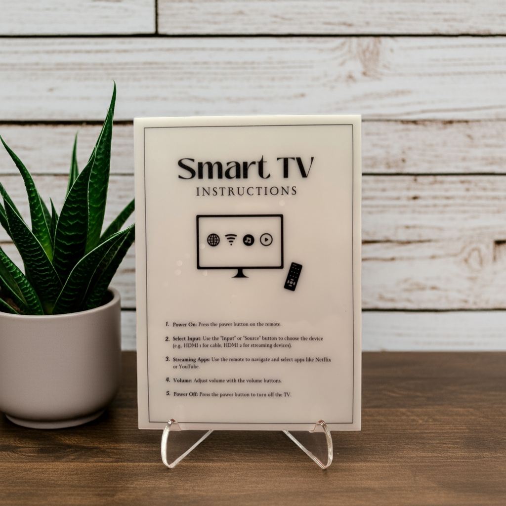 Smart TV Instructions - Vacation Rental House Rules Signs, 5x7 inch Acrylic Signs (Design 40) - Professional Artwork