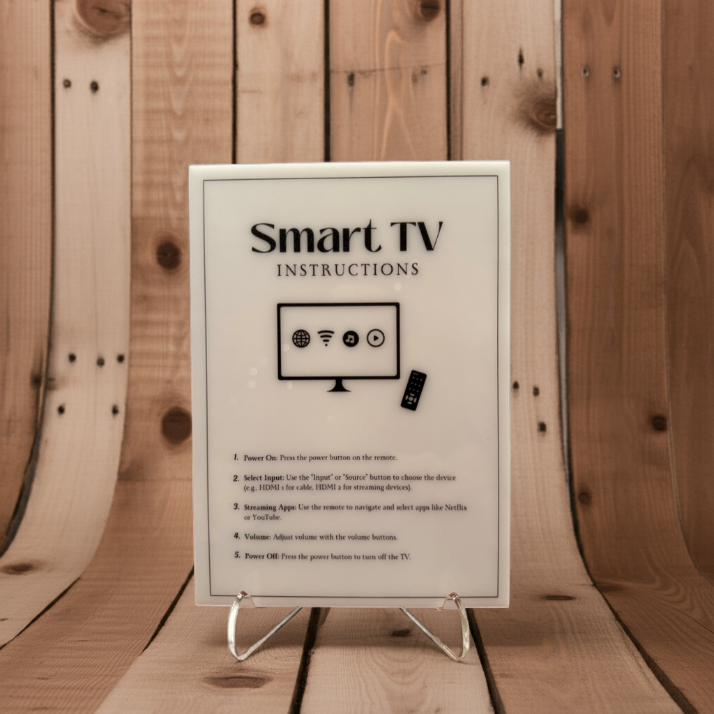 Smart TV Instructions - Vacation Rental House Rules Signs, 5x7 inch Acrylic Signs (Design 40) - Professional Artwork