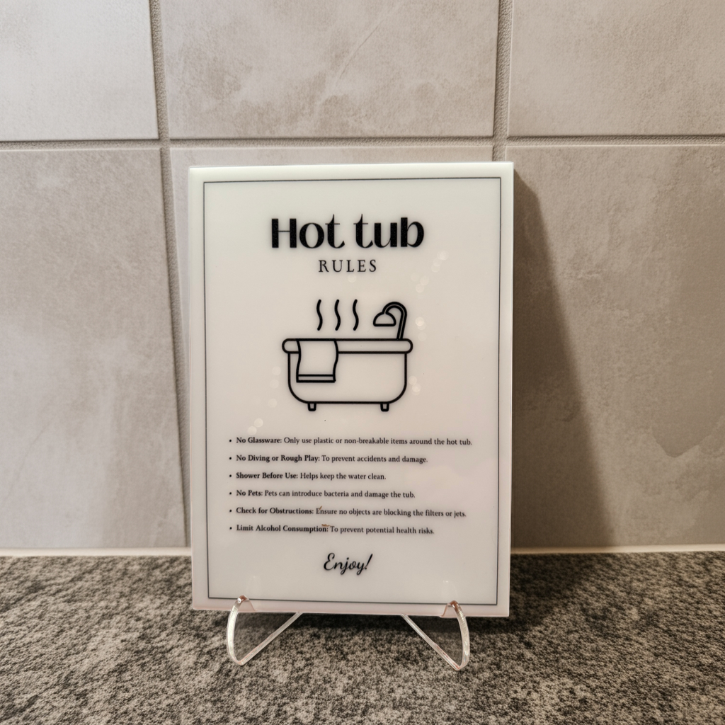 Hot Tub Rules - Vacation Rental House Rules Signs, 5x7 inch Acrylic Signs (Design 41) - Professional Artwork