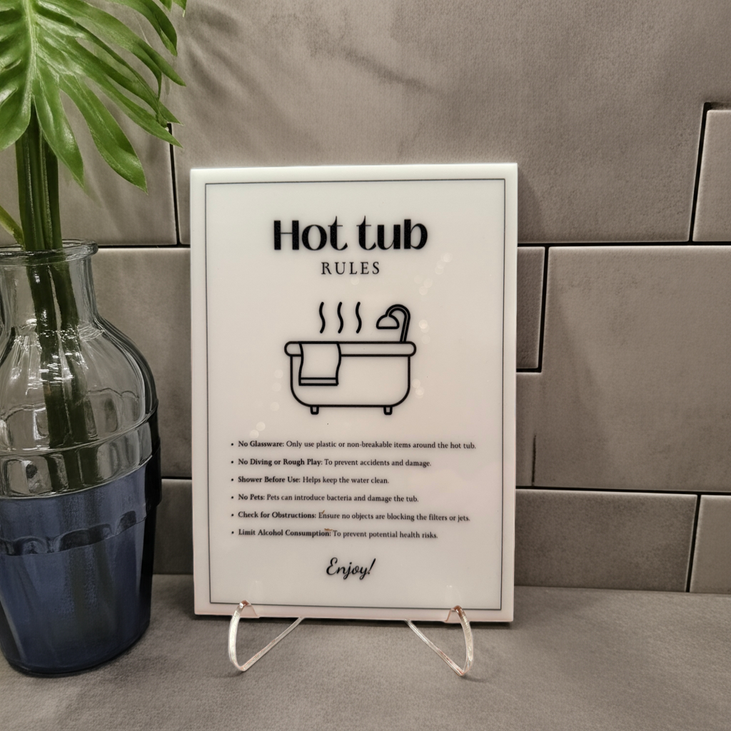 Hot Tub Rules - Vacation Rental House Rules Signs, 5x7 inch Acrylic Signs (Design 41) - Professional Artwork
