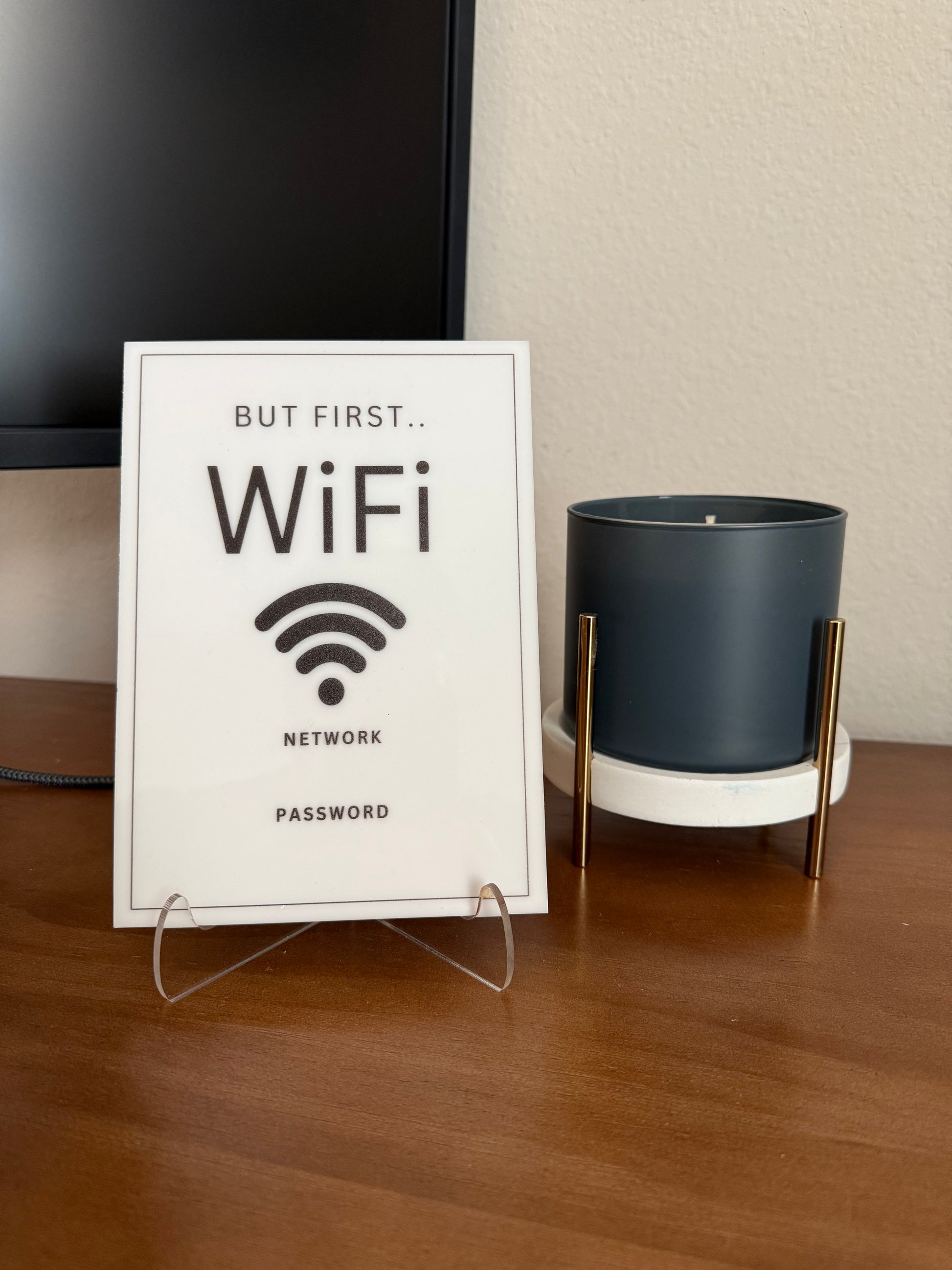 But First WiFi - WiFi Network and Password Sign. Acrylic 5"x7" with Easel and Double Sided Tape. (White - Design 2) - Professional Artwork