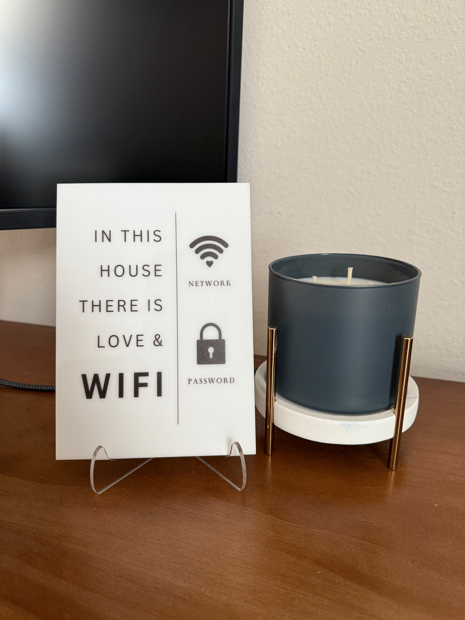 In this House There is Love & Wifi- WiFi Network and Password Sign. Acrylic 5"x7" with Easel and Double Sided Tape. White - Design 4 - Professional Artwork