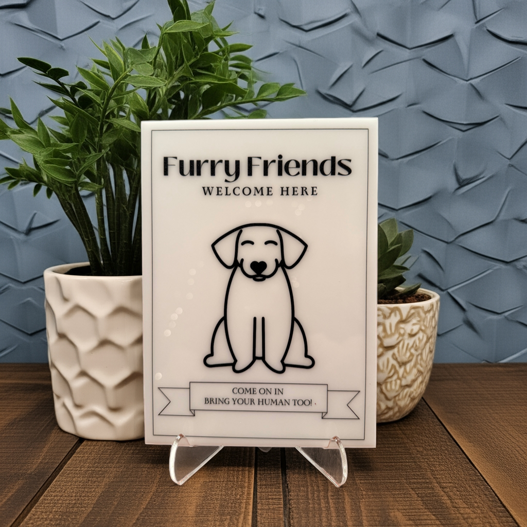 Furry Friends Welcome Here - Vacation Rental House Rules Signs, 5x7 inch Acrylic Signs (Design 22) - Professional Artwork