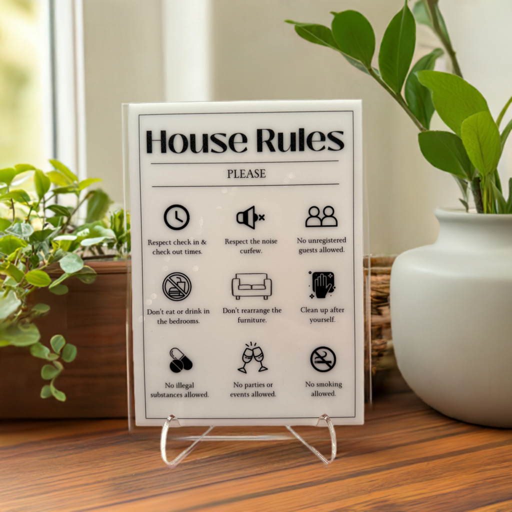 House Rules - Vacation Rental House Rules Signs, 5x7 inch Acrylic Signs (Design 4) - Professional Artwork