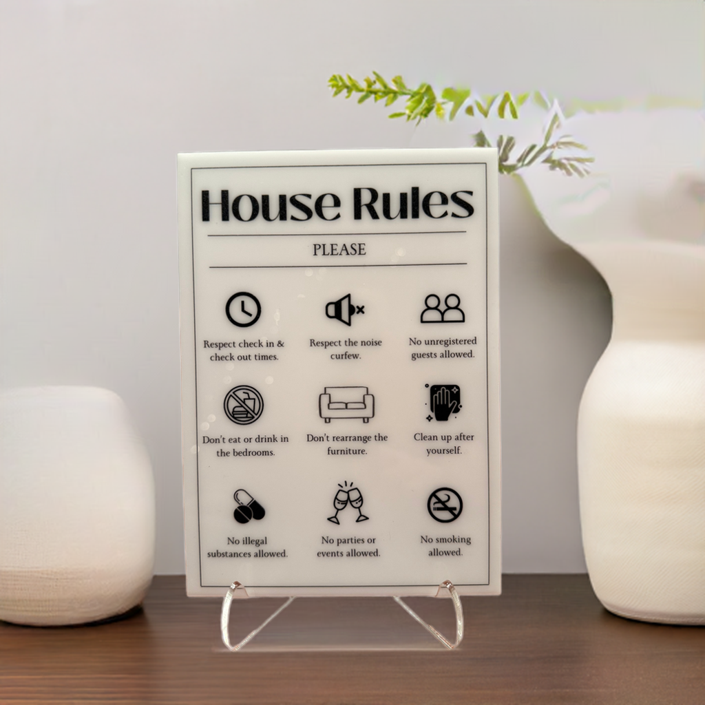 House Rules - Vacation Rental House Rules Signs, 5x7 inch Acrylic Signs (Design 4) - Professional Artwork