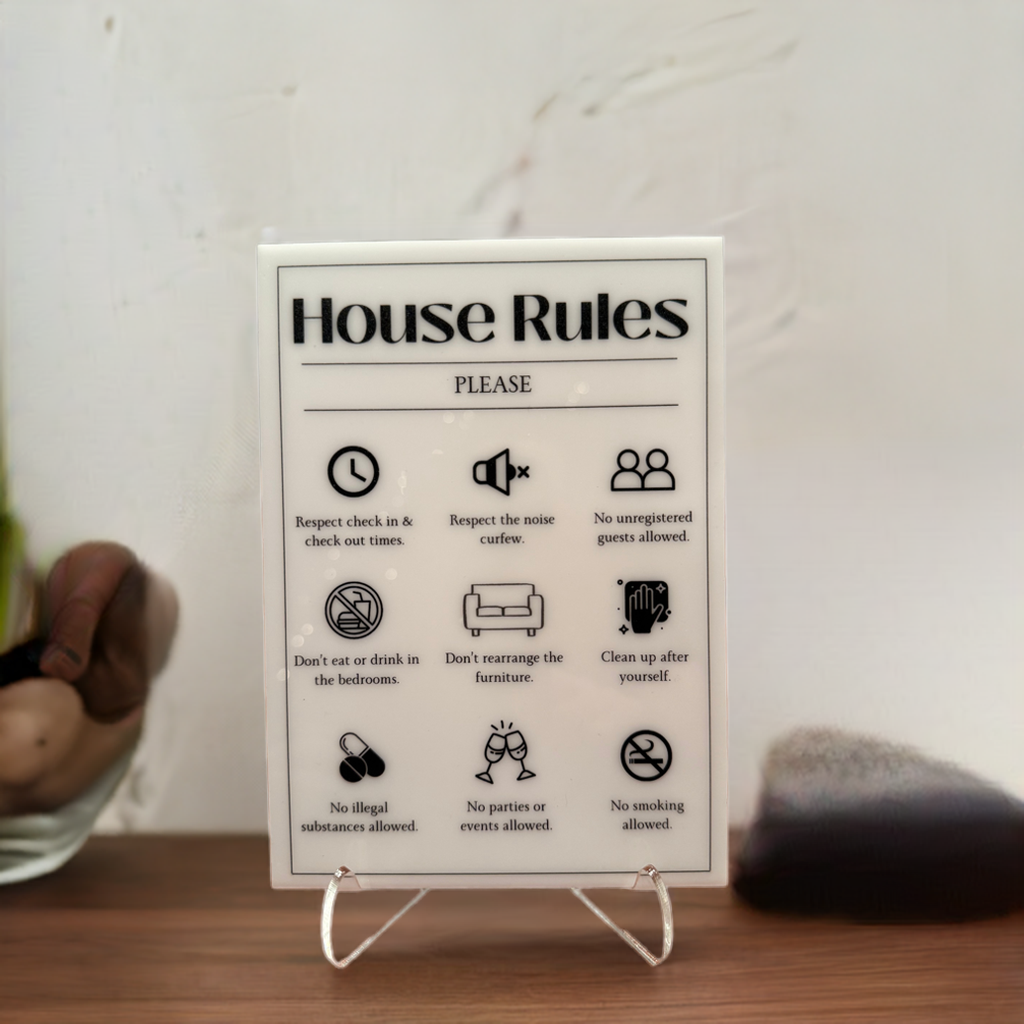 House Rules - Vacation Rental House Rules Signs, 5x7 inch Acrylic Signs (Design 4) - Professional Artwork