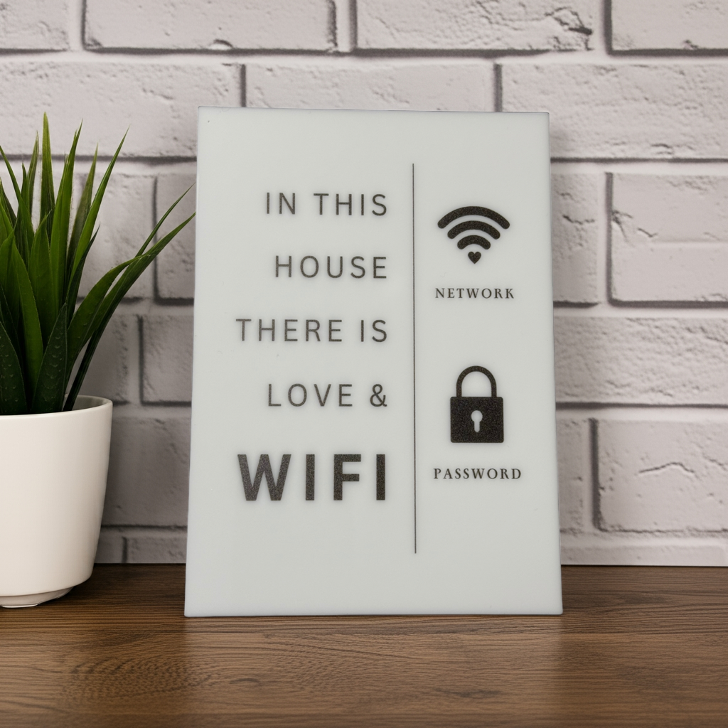 In this House There is Love & Wifi- WiFi Network and Password Sign. Acrylic 5"x7" with Easel and Double Sided Tape. White - Design 4 - Professional Artwork