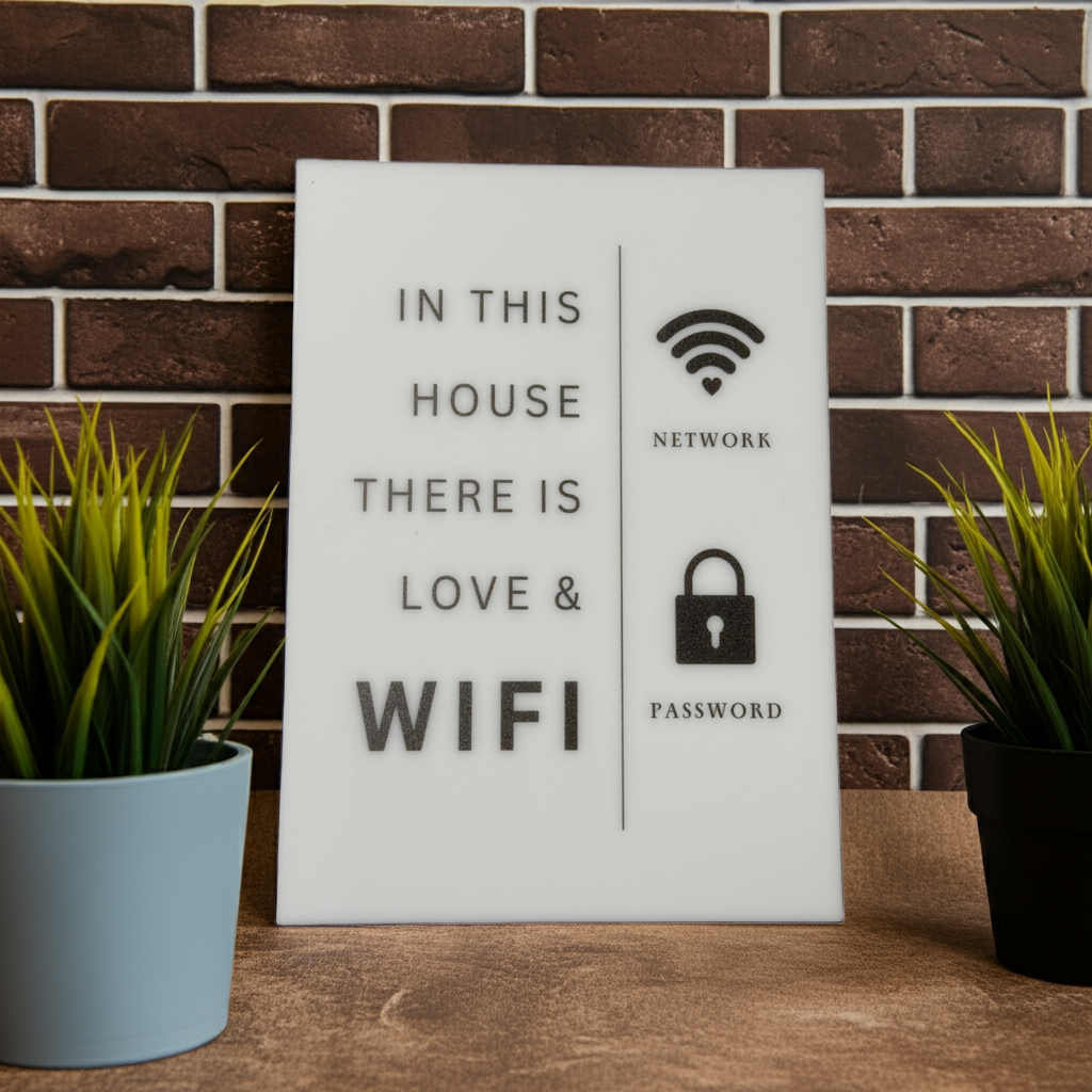 In this House There is Love & Wifi- WiFi Network and Password Sign. Acrylic 5"x7" with Easel and Double Sided Tape. White - Design 4 - Professional Artwork