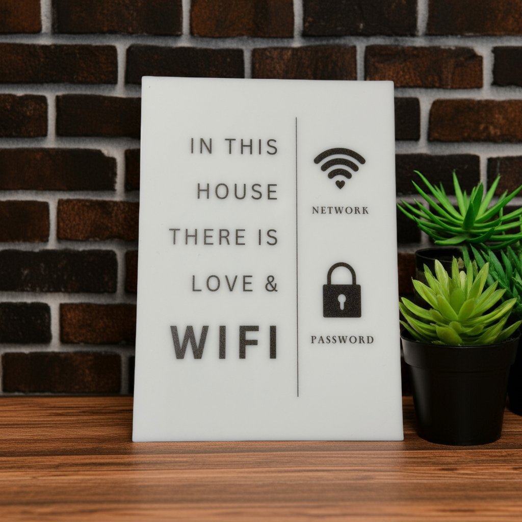 In this House There is Love & Wifi- WiFi Network and Password Sign. Acrylic 5"x7" with Easel and Double Sided Tape. White - Design 4 - Professional Artwork