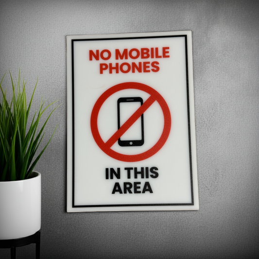 No Mobile Phones In This Area Sign, 5x7 inch Acrylic Signs, Choose from 30 Warning and Policies, Each Sign Comes With Double Sided Tape for Easy Displaying. (Design 26) - Professional Artwork