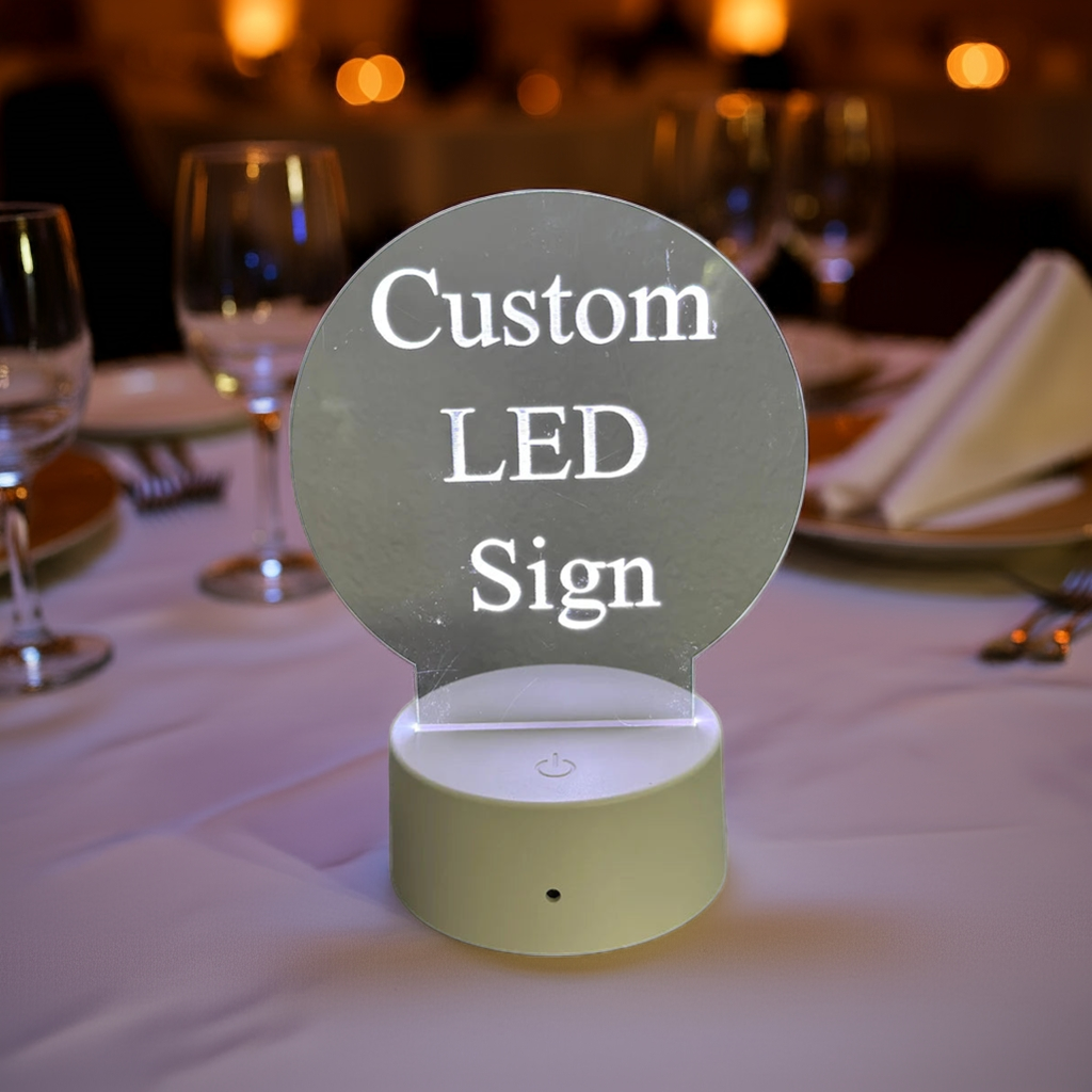 Custom LED 6"x6” Round Acrylic Table Sign. Wireless Remote Included. Your Logo or Message. - Professional Artwork